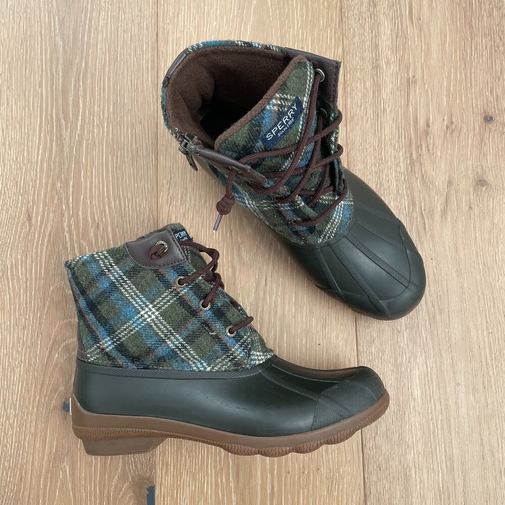 Sperry Boots Women 8 Syren Gulf Duck Blue Green Plaid Waterproof Wool Rubber